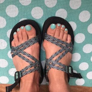 Teal and blue chacos